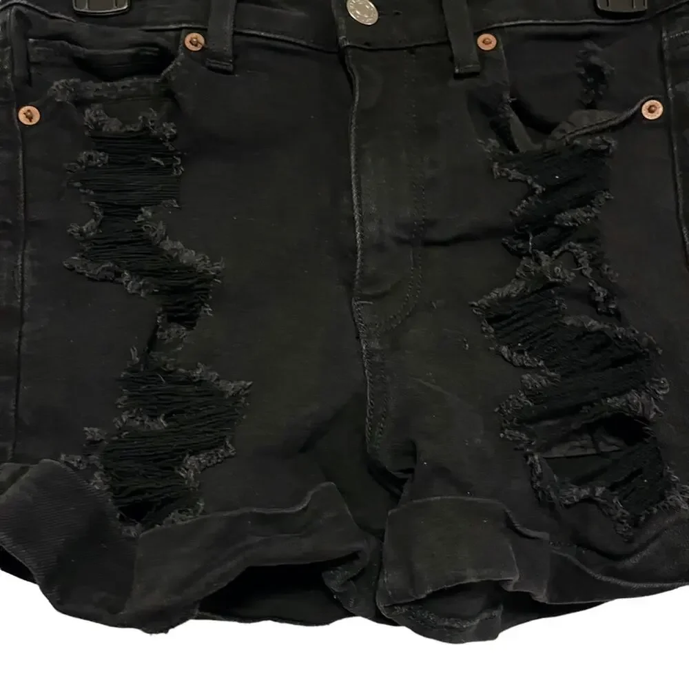 AMERICAN EAGLE MOM SHORTS Solid Black Zip Fly High Rise Roll Cuff Jeans Denim 4